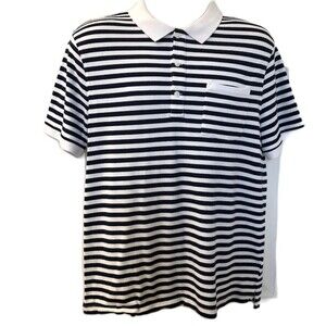 J Crew Authentic Men's Navy Blue Striped Polo Shirt Large Stretch Pique Knit